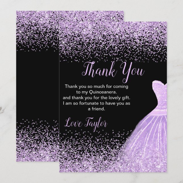 Cartão De Agradecimento Quinceanera Light Purple Dress Faux Glitter (Frente/Verso)