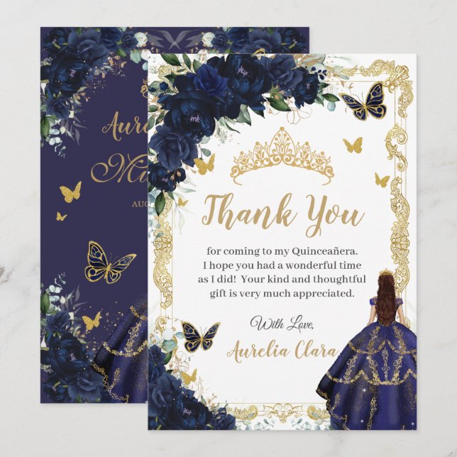 Cartão De Agradecimento Quinceañera Navy Blue Floral Gold Princess 15 16 (Frente/Verso)
