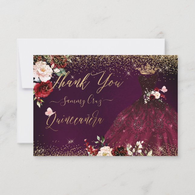 Cartão De Agradecimento Quinceanera Obrigado Burgundy Glitter (Frente)