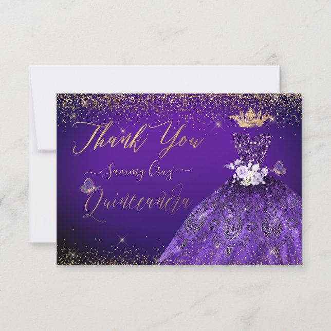 Cartão De Agradecimento Quinceanera Obrigado Glitter Roxo (Frente)