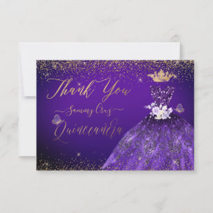 Cartão De Agradecimento Quinceanera Obrigado Glitter Roxo