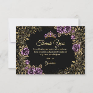 Cartão De Agradecimento Quinceañera Preto e Roxo com Rosas de Tiara Dourad