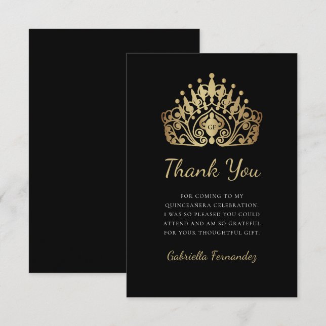 Cartão De Agradecimento Quinceanera Princesa Tiara Crown Monograma (Frente/Verso)
