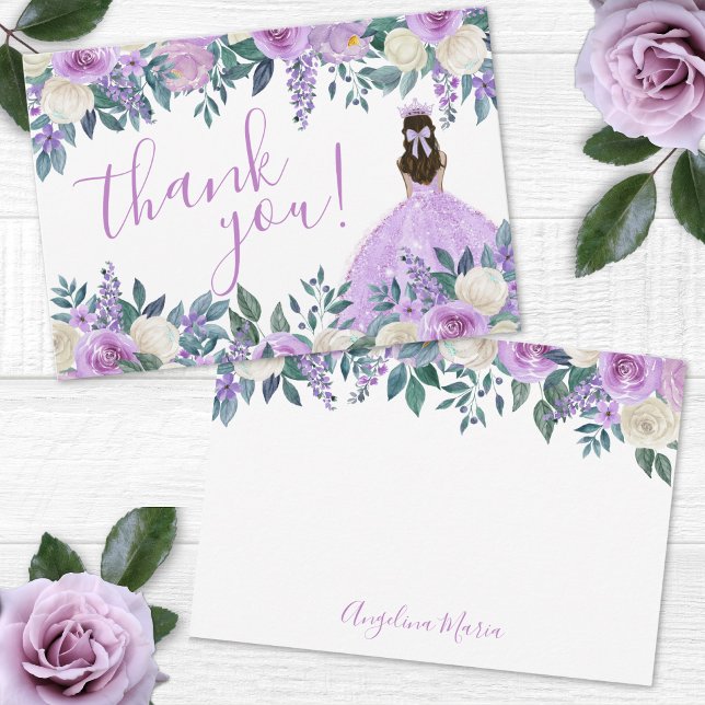 Cartão De Agradecimento Quinceañera Puro Floral (Floral Purple Quinceañera Thank You Card)