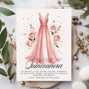 Cartão De Agradecimento Quinceañera Rosa Floral 15 de Vestido Dourado Aniv