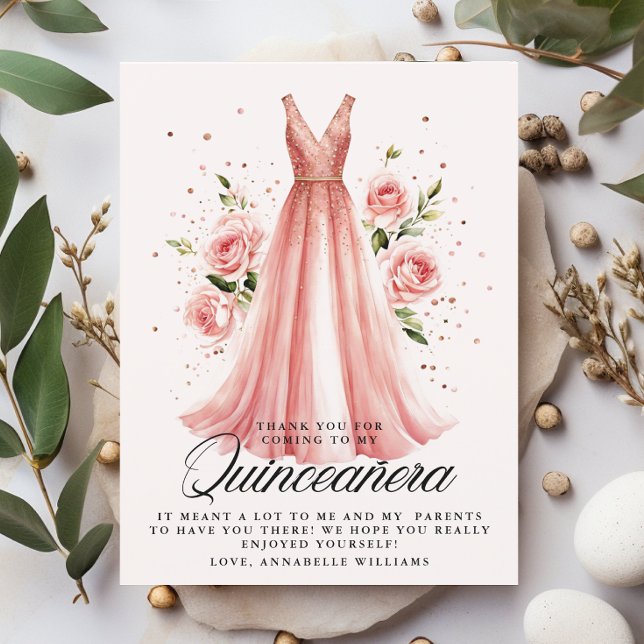 Cartão De Agradecimento Quinceañera Rosa Floral 15 de Vestido Dourado Aniv (Criador carregado)