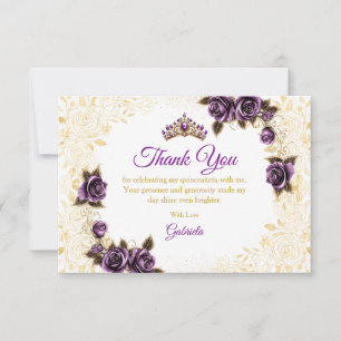 Cartão De Agradecimento Quinceañera Roxa Tiaras Douradas Rosas  