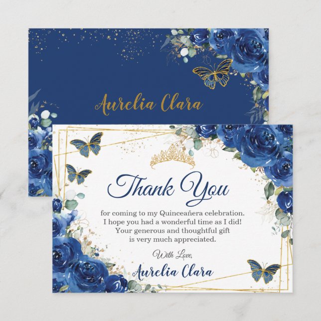Cartão De Agradecimento Quinceañera Royal Blue Floral Butterflies Aniversá (Frente/Verso)