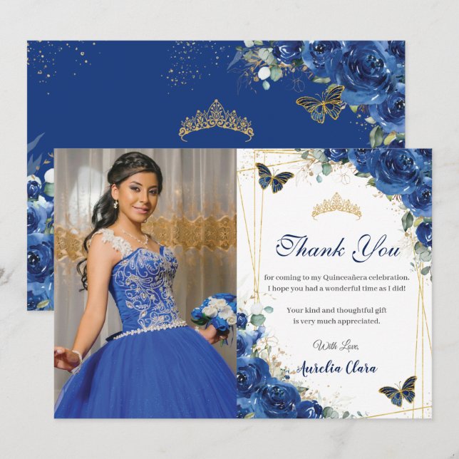 Cartão De Agradecimento Quinceañera Royal Blue Floral Butterflies Aniversá (Frente/Verso)