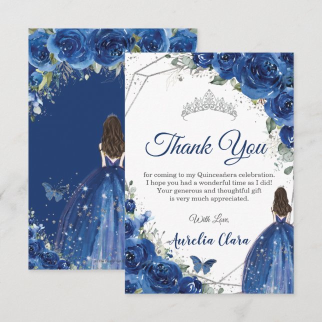 Cartão De Agradecimento Quinceañera Royal Blue Floral Princesa Aniversário (Frente/Verso)