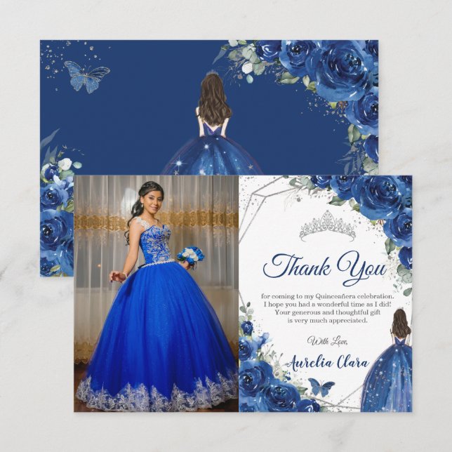 Cartão De Agradecimento Quinceañera Royal Blue Floral Princess Picture (Frente/Verso)