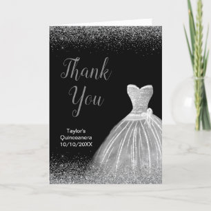 Cartão De Agradecimento Quinceanera Silver Dress Faux Glitter