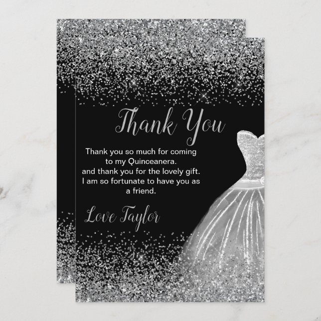 Cartão De Agradecimento Quinceanera Silver Dress Faux Glitter (Frente/Verso)