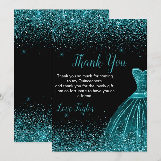 Cartão De Agradecimento Quinceanera Teal Blue Dress Faux Glitter (Frente/Verso)