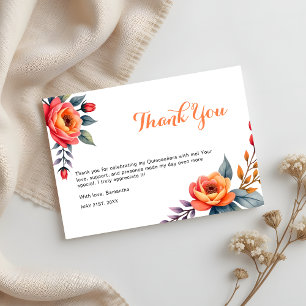 Cartão De Agradecimento Quinze Anos de Aniversário Floral Laranja Aquarela