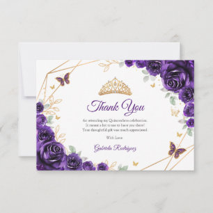 Cartão De Agradecimento Quinze Anos Floral Dourado Roxo