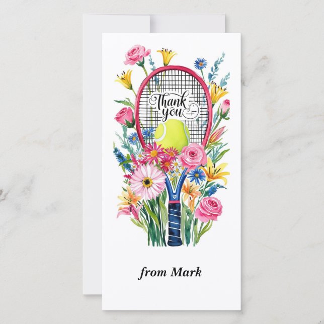 Cartão De Agradecimento Racket de tênis com bola e flores aquarela (Frente)