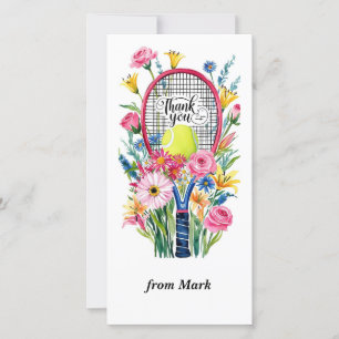 Cartão De Agradecimento Racket de tênis com bola e flores aquarela