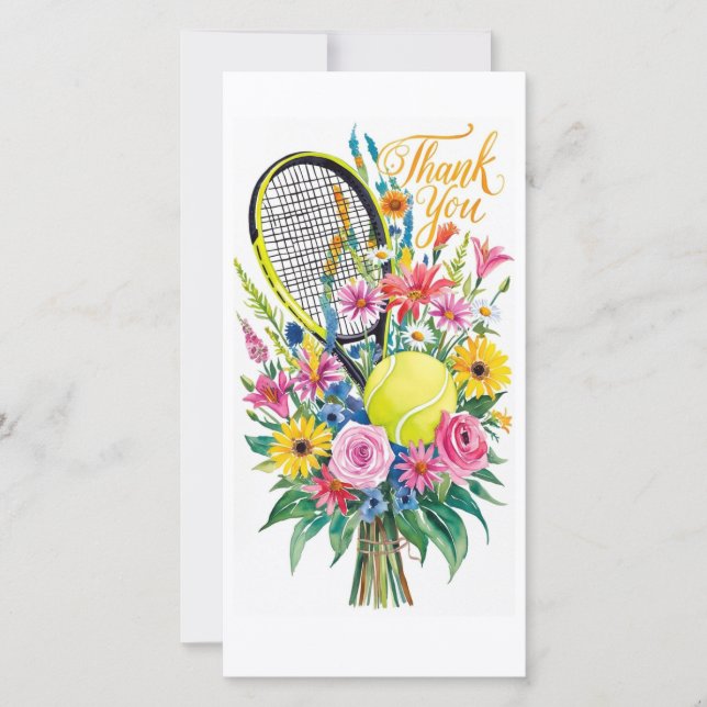 Cartão De Agradecimento Racket de tênis com bola e flores aquarela (Frente)