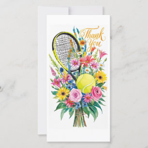 Cartão De Agradecimento Racket de tênis com bola e flores aquarela