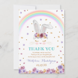 Cartão De Agradecimento Rainbow Bunny Watercolor Floral Bunny Aniversário