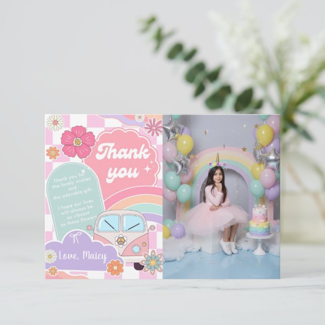 Cartão De Agradecimento Rainbow Daisy Car (Em pé/Frente)