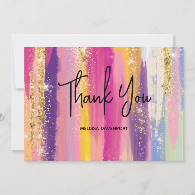 Cartão De Agradecimento Rainbow Strips com Faux Dourado Glitter Obrigado (Frente)