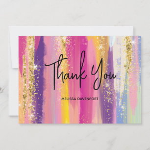Cartão De Agradecimento Rainbow Strips com Faux Dourado Glitter Obrigado