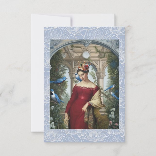 Cartão De Agradecimento Rainha em vermelho com aves azuis (Frente)