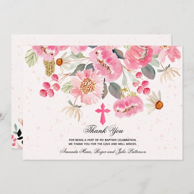 Cartão De Agradecimento Rapariga Baptism Aquarela Cor Rosa (Frente/Verso)