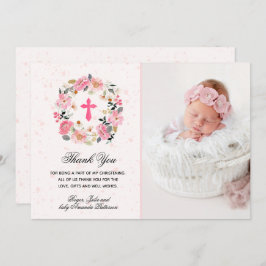 Cartão De Agradecimento Rapariga Christening Watercolor Floral Rosa