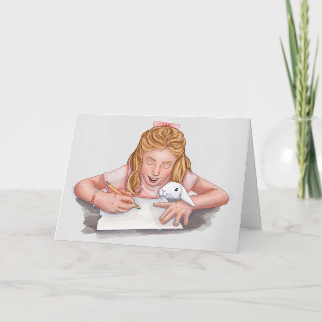 Cartão De Agradecimento Rapariga escrevendo com coelho de estimação comend (Frente)