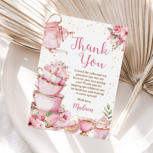 Cartão De Agradecimento Rapariga Rosa e Dourada Festa de Chá Floral Aniver