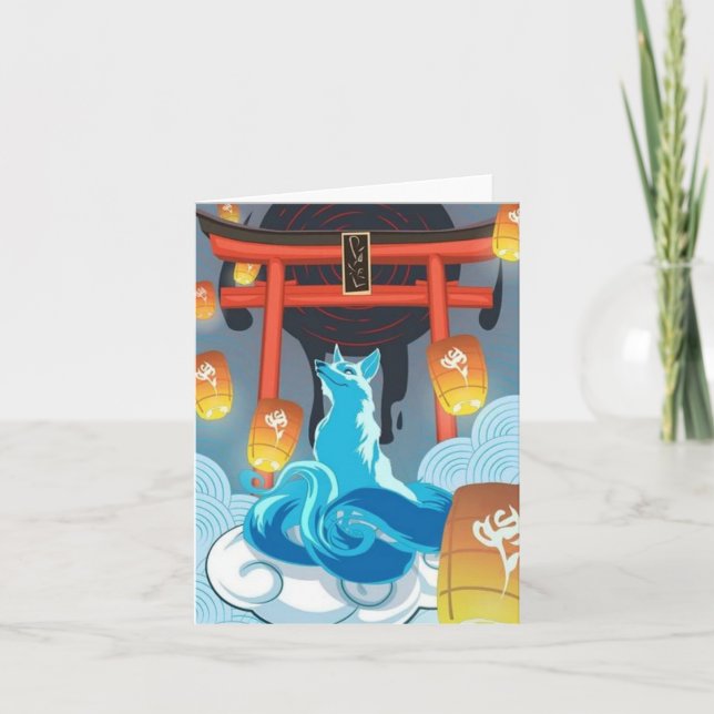 Cartão De Agradecimento Raposa e Pagoda Japoneses (Frente)