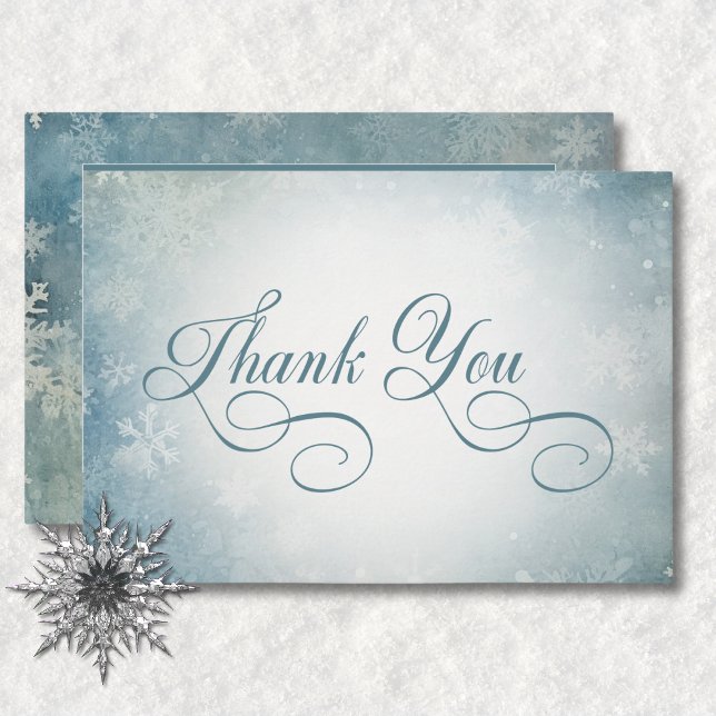 Cartão De Agradecimento Recepção de casamento Azul-Neve Romântica em Queda (Romantic Falling Snow Blue White Wedding Reception Thank You Card)