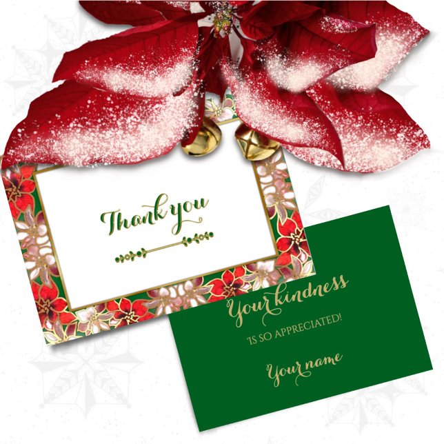 Cartão De Agradecimento Red and Green Poinsettias in Snow Thank You Card (Criador carregado)