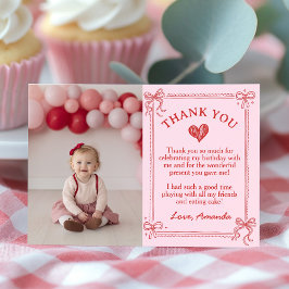 Cartão De Agradecimento Red and Pink Bow Cake Birthday Photo