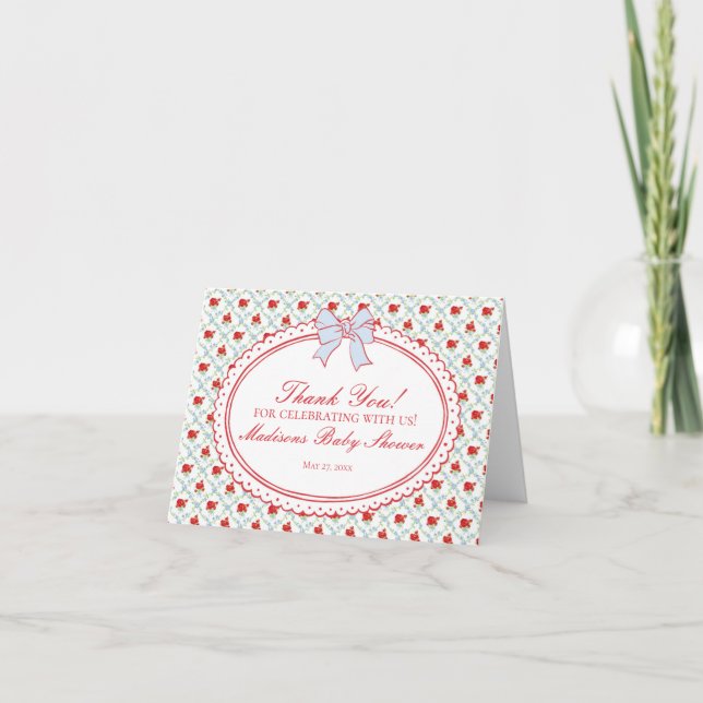 Cartão De Agradecimento Red & Blue Vintage Fancy Floral Thank You Card  (Frente)