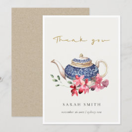 Cartão De Agradecimento Red Blue watercolor Teapot Floral Tea Party