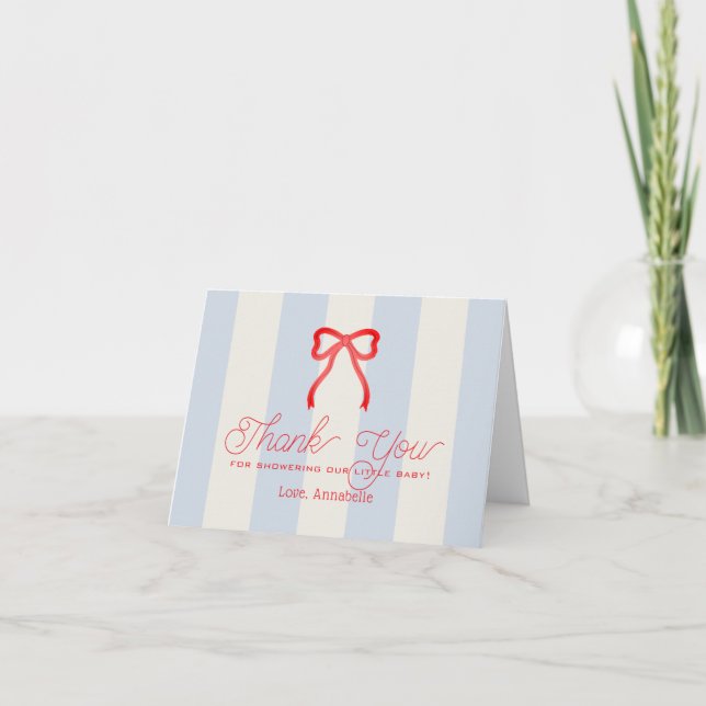 Cartão De Agradecimento Red Bow & Pale Blue Stripes Baby Shower Thank You (Frente)