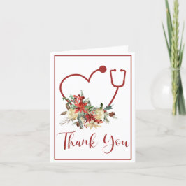 Cartão De Agradecimento Red Floral Stethoscope Heart Christmas Obrigado