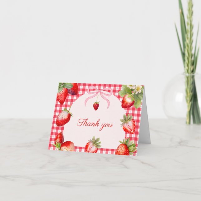Cartão De Agradecimento Red Gingham Strawberries Baby Shower (Frente)
