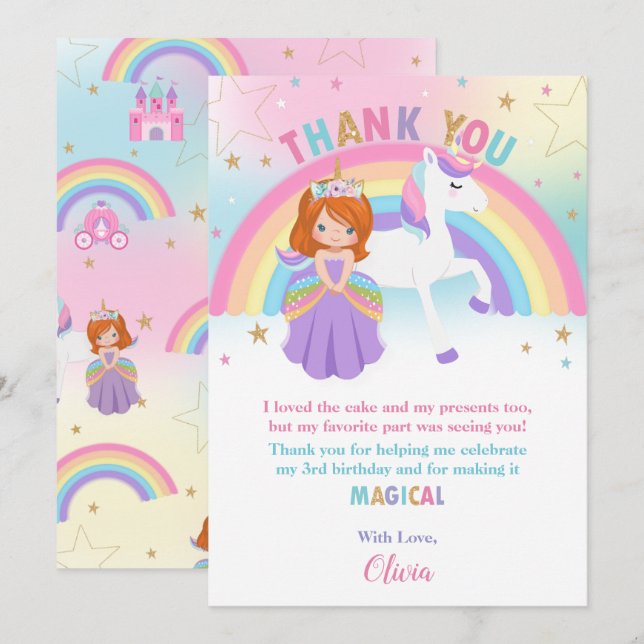 Cartão De Agradecimento Red Haired Princess e Rainbow Unicorn Aniversário (Frente/Verso)
