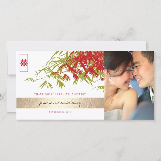 Cartão De Agradecimento Red Jade Green Bamboo deixa foto de casamento chin (Frente)