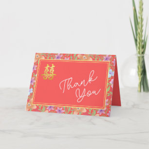 Cartão De Agradecimento Red Peranakan floral duplo xi casamento chinês