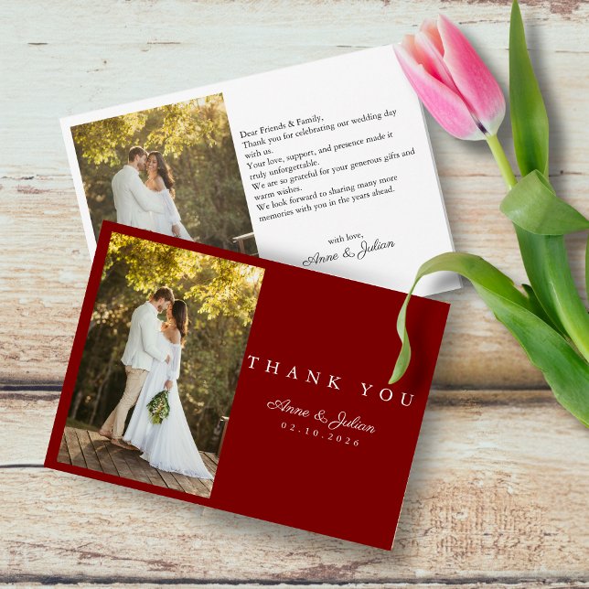 Cartão De Agradecimento Red Photo Modern Wedding W Note Landscape (Criador carregado)