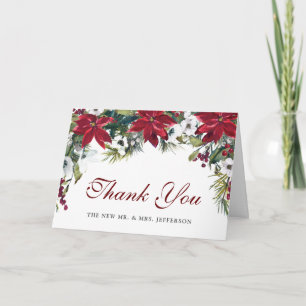 Cartão De Agradecimento Red Poinsettia Floral Christmas Watercolor