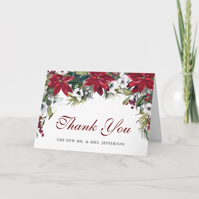 Cartão De Agradecimento Red Poinsettia Floral Christmas Watercolor (Frente)