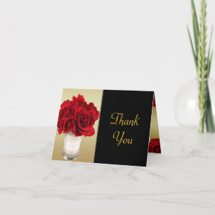Cartão De Agradecimento Red Roses & Hearts, Gold & Black Wedding