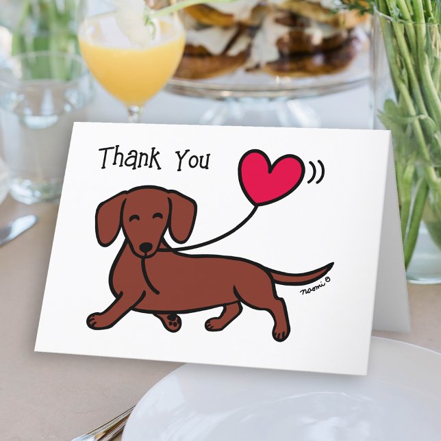Cartão De Agradecimento Red Smooth Haired Dachshund Sorrindo (Red Smooth Haired Dachshund Heart Balloon Thank You Card for Doxie owners.  Sausage dog cartoon.)